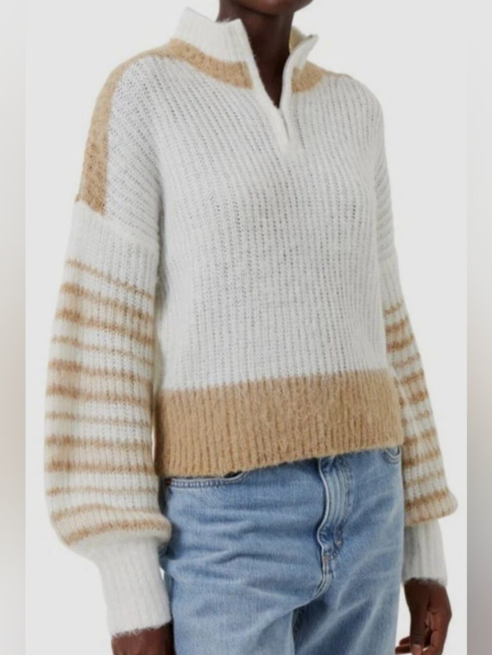 NWT! French Connection Wool Blend Nika Half-Zip Sweater White/cam/oatmeal